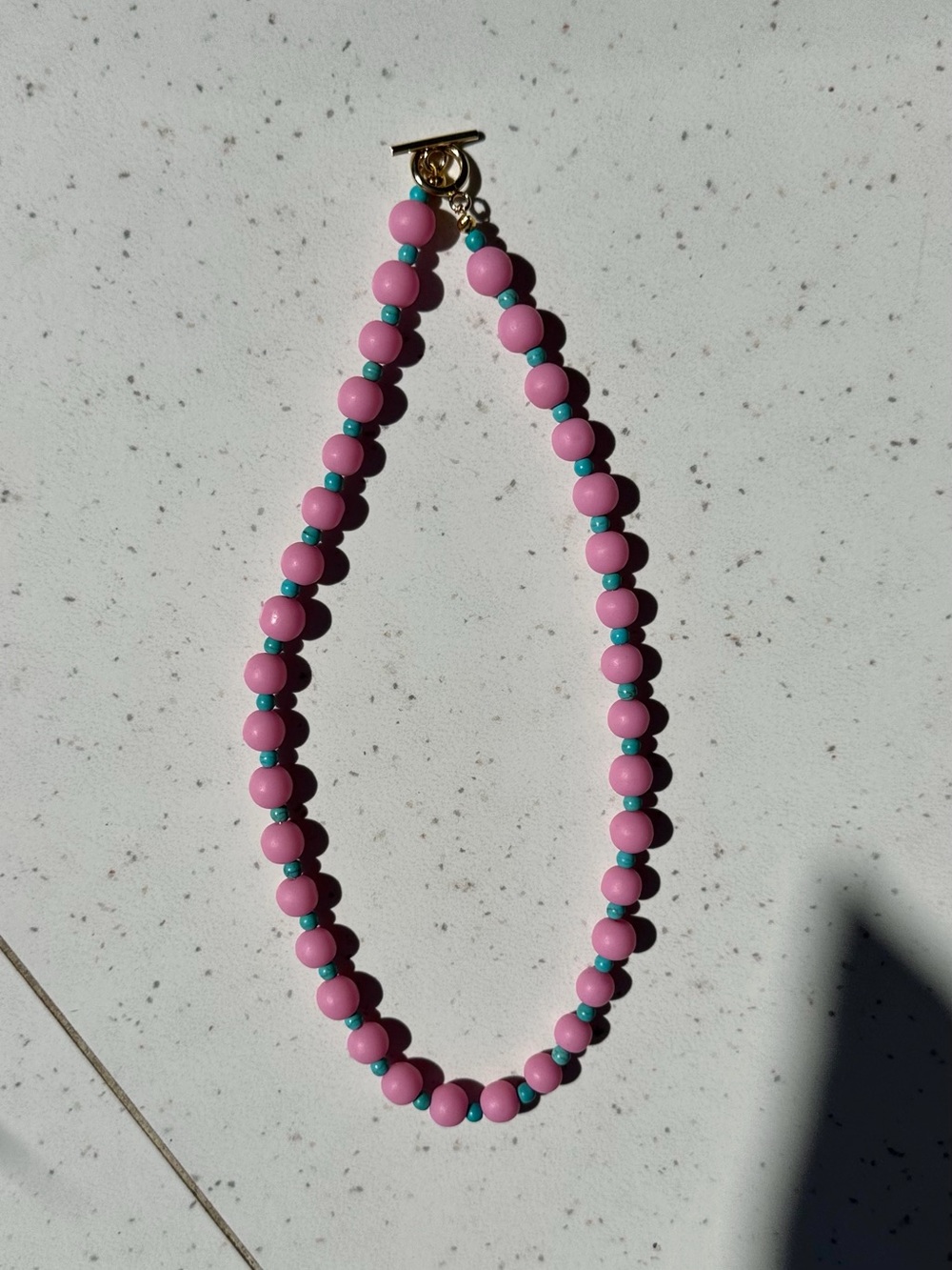 Anthropologie Pink Bead Necklace with Turquoise Accent Beads and Gold Clasp